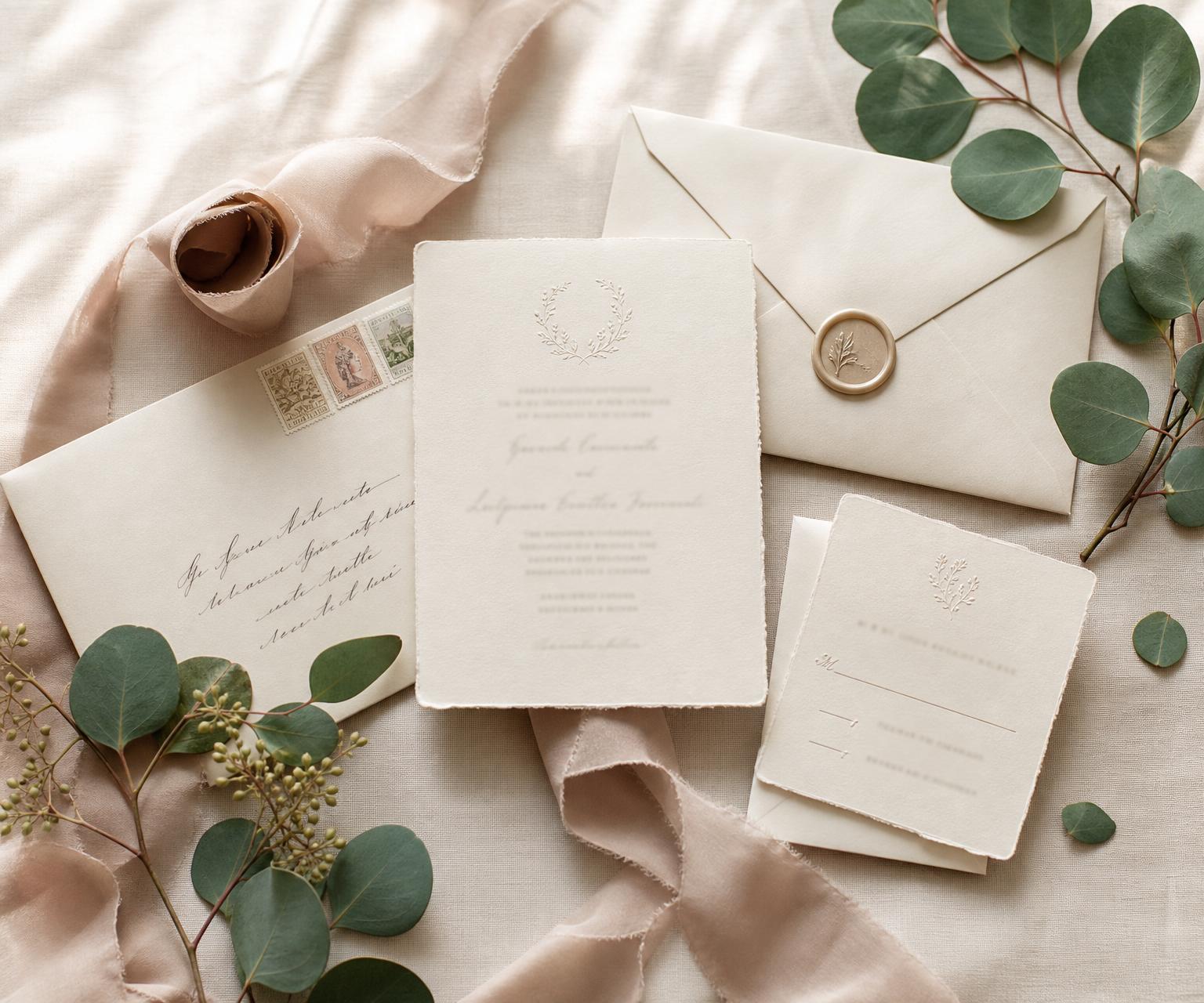 An elegant invitation suite: a letterpress invitation card, a calligraphy-addressed cream envelope sealed in gold wax, a small RSVP card, blush silk ribbon, and sprigs of fresh eucalyptus on soft linen